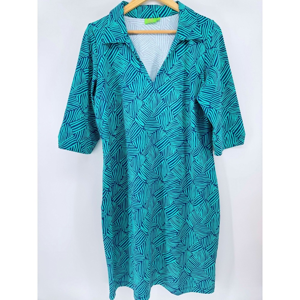Katherine Way Dress Womens XL Green Navy Geometric 3/4 Sleeve Made in USA
